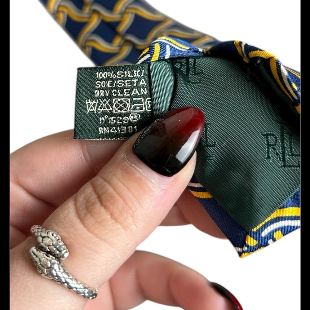 Lauren Ralph Lauren Green Label Blue Yellow 100% Silk Tie - Picture 5 of 5
